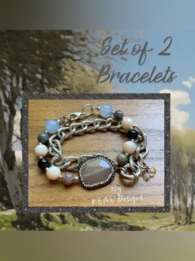 Set of 2 Women's Gemstone and Chain Bracelets - Gray, Cream, Blue Accents